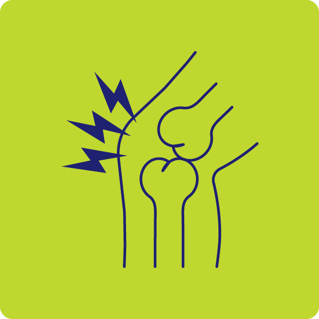 Illustration of a knee joint with lightning symbols, representing painful joints.
